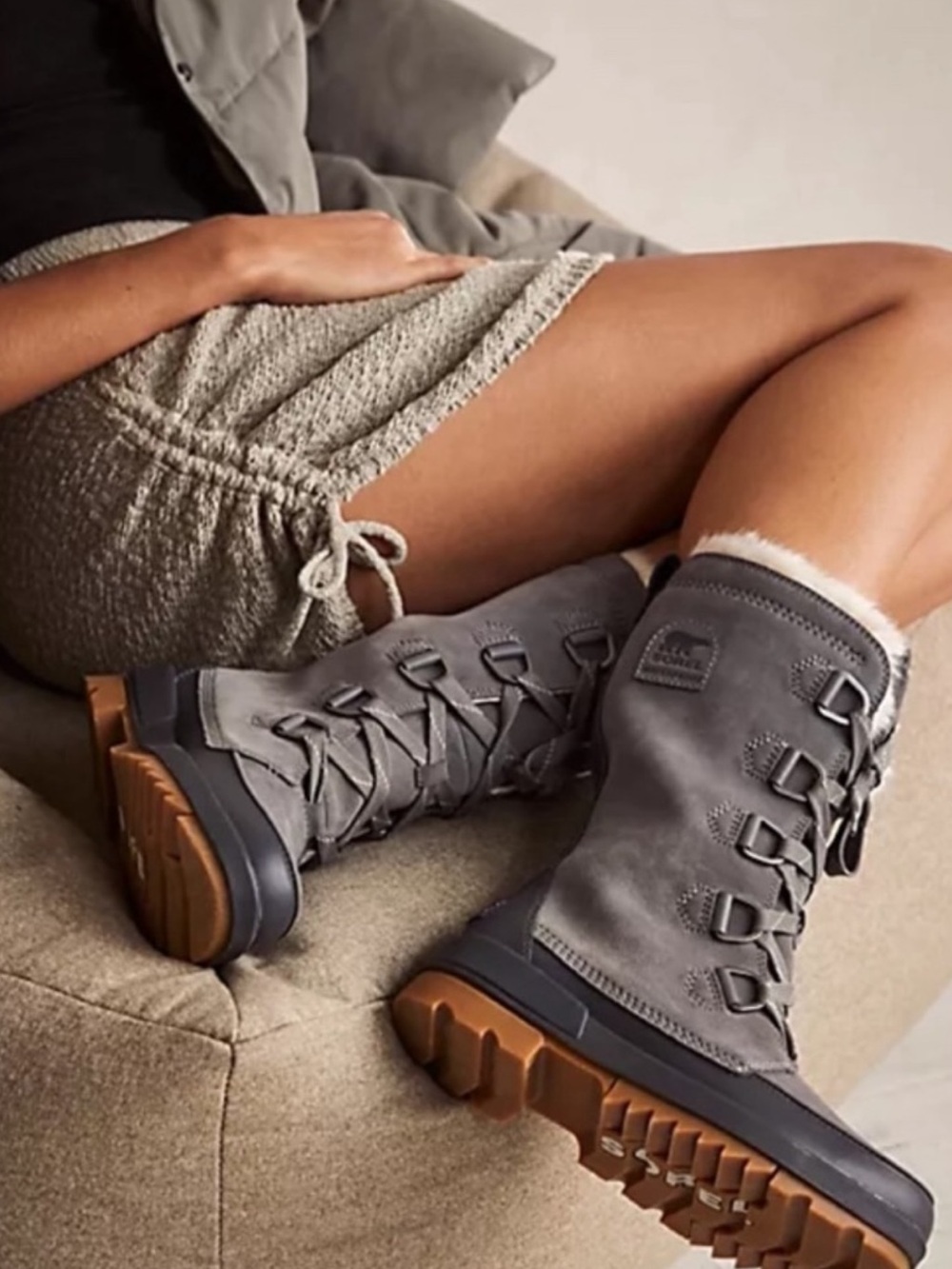 Sorel Gray Suede Lace-Up Winter Boots with Brown Lug Sole